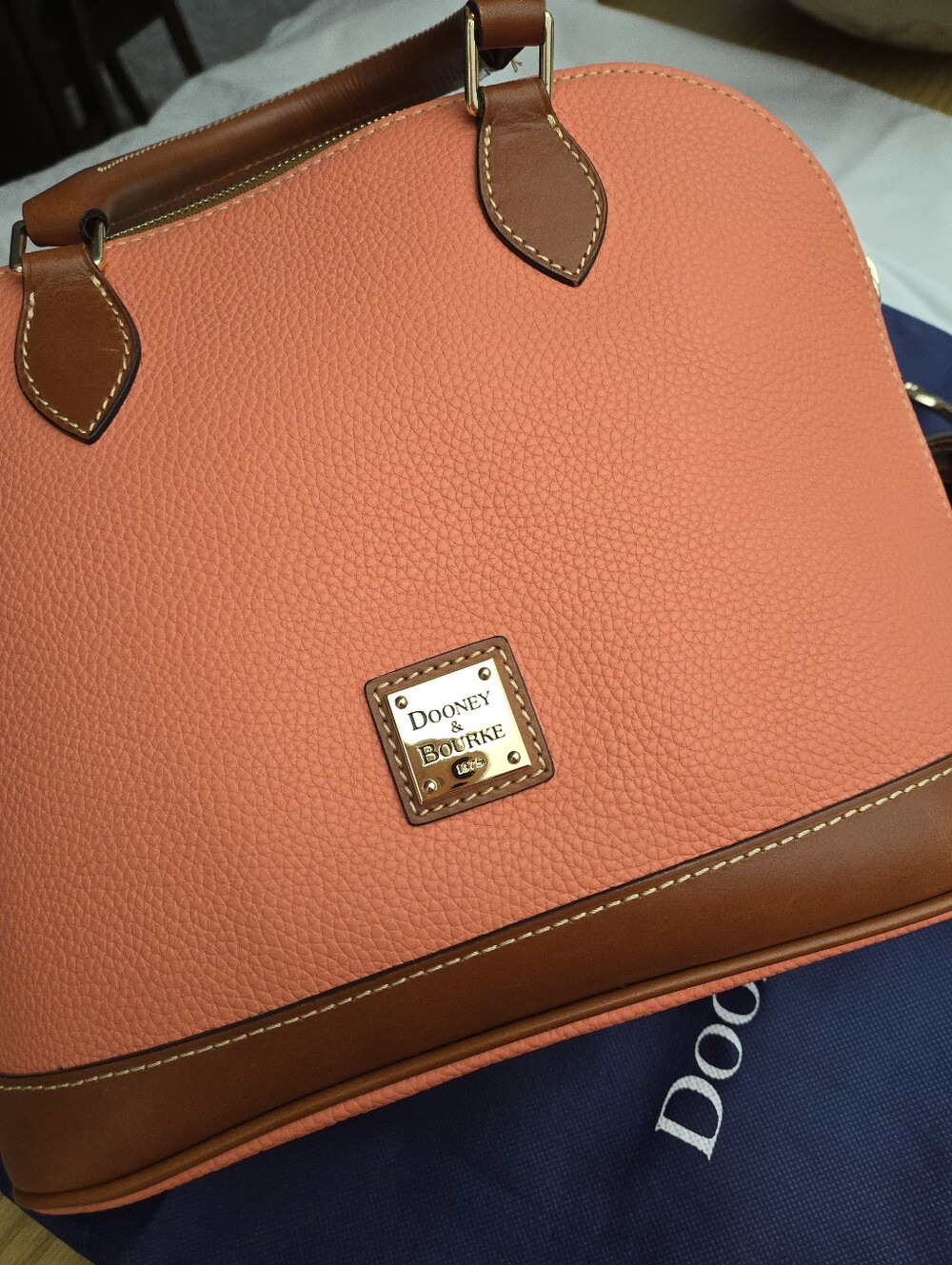 NWOT Dooney & Bourke Pebbled Leather Zip Zip Satchel Coral and Brown